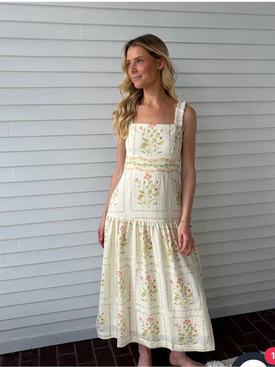 Blu Pepper Dresses & Skirts - Blu Pepper Cream Midi Dress with Pink & Green Floral Print